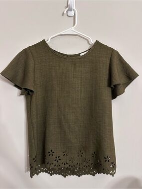 Olive Green Flutter Sleeve Top with Eyelet Hem